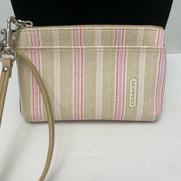🌸🌺CLEARANCE Coach Weekends Ticking Tan and Pink Striped Wristlet - Picture 1 of 5